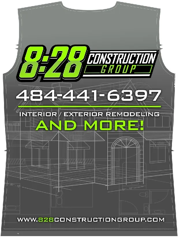 The exact back print sheet — 8:28 logo over blueprint line art