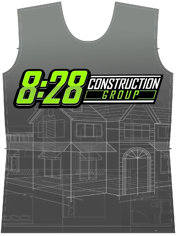 The exact front print sheet — 8:28 logo, phone, services, blueprint house