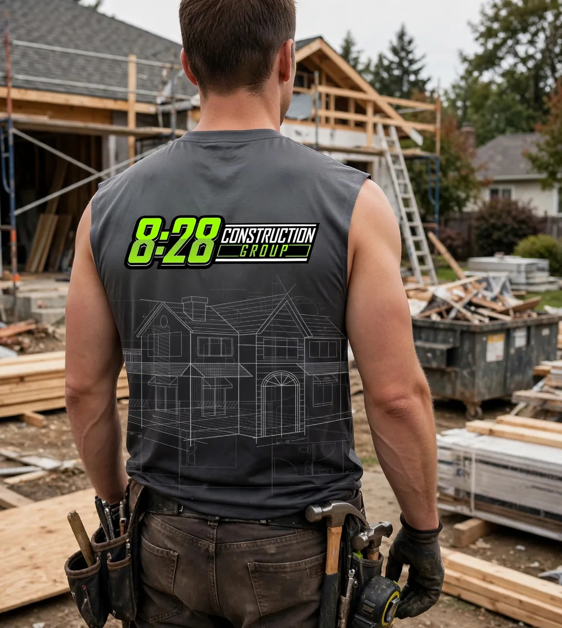 Construction worker wearing the crew shirt, from behind — back print
