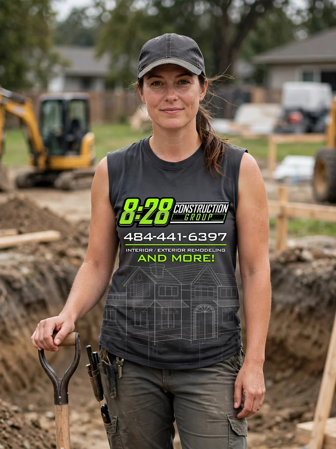 Crew member wearing the crew shirt at an excavation site — front