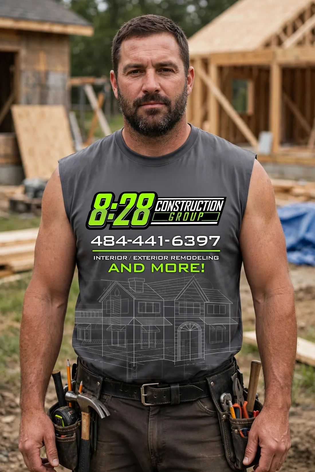 Construction worker wearing the 828 crew sleeveless shirt