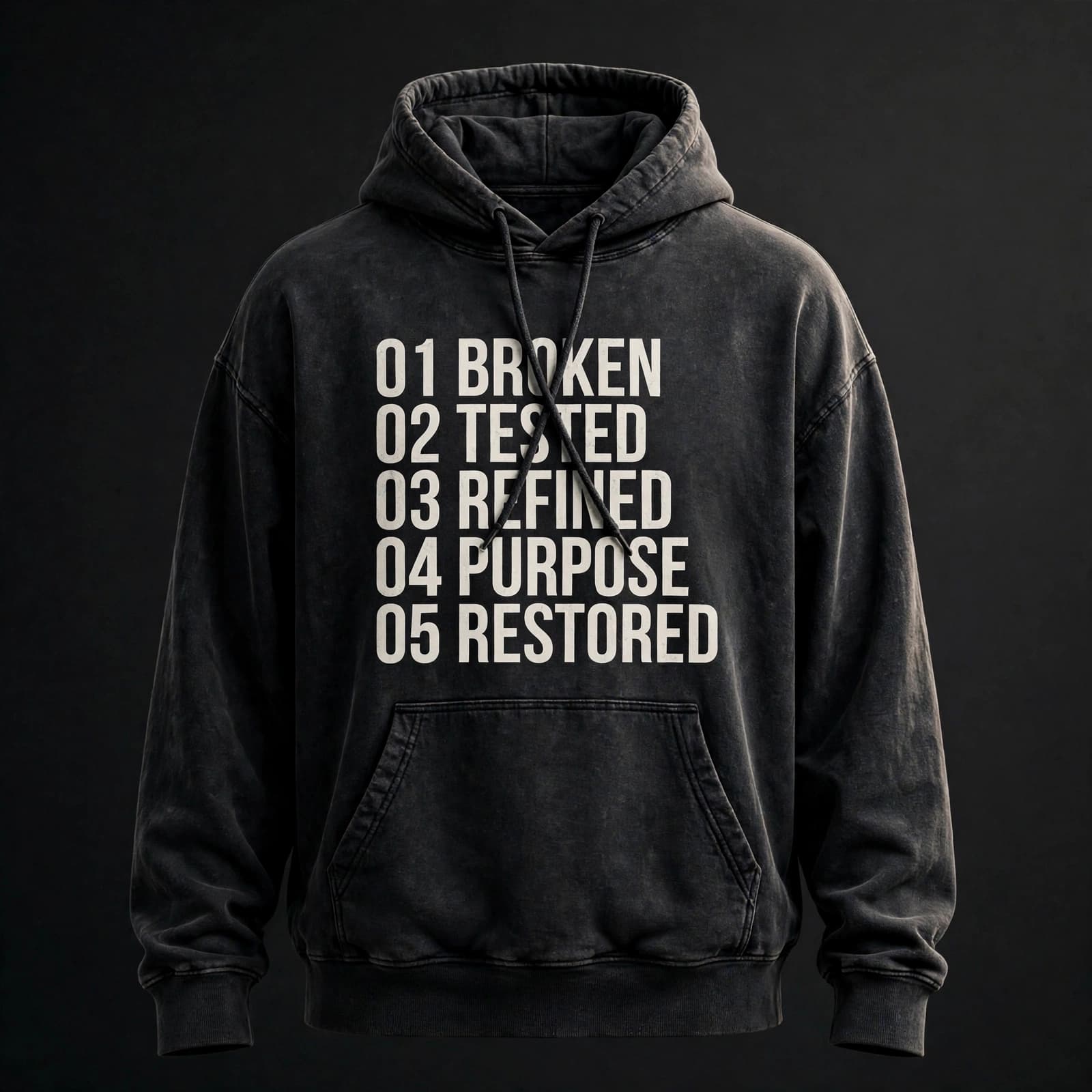 The Index Hoodie — all five chapter words printed down the chest