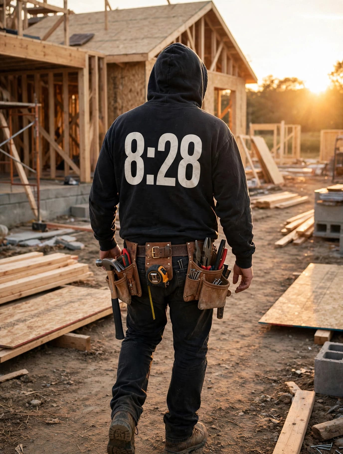 A builder wearing the 8:28 Threads hoodie — the 8:28 back — walking into a framed house at golden hour